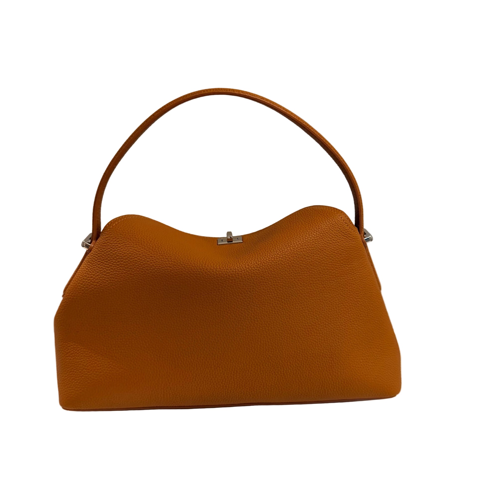 Brown handbag on a white surface with a light gray background