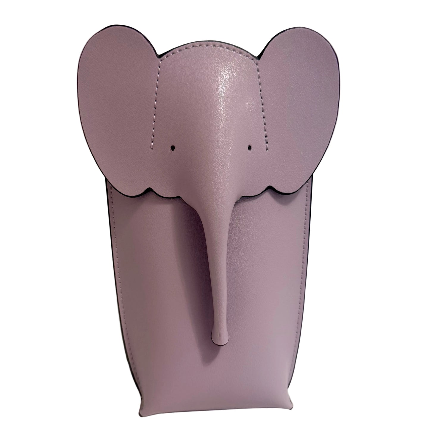 Purple elephant-shaped phone case on a white surface with a light gray background
