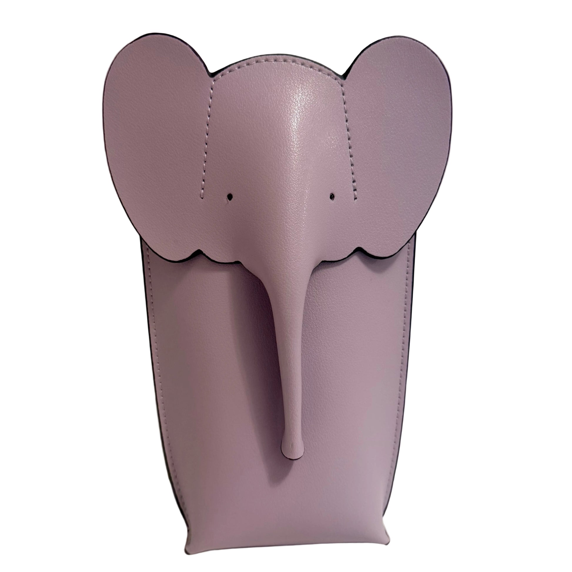 Purple elephant-shaped phone case on a white surface with a light gray background