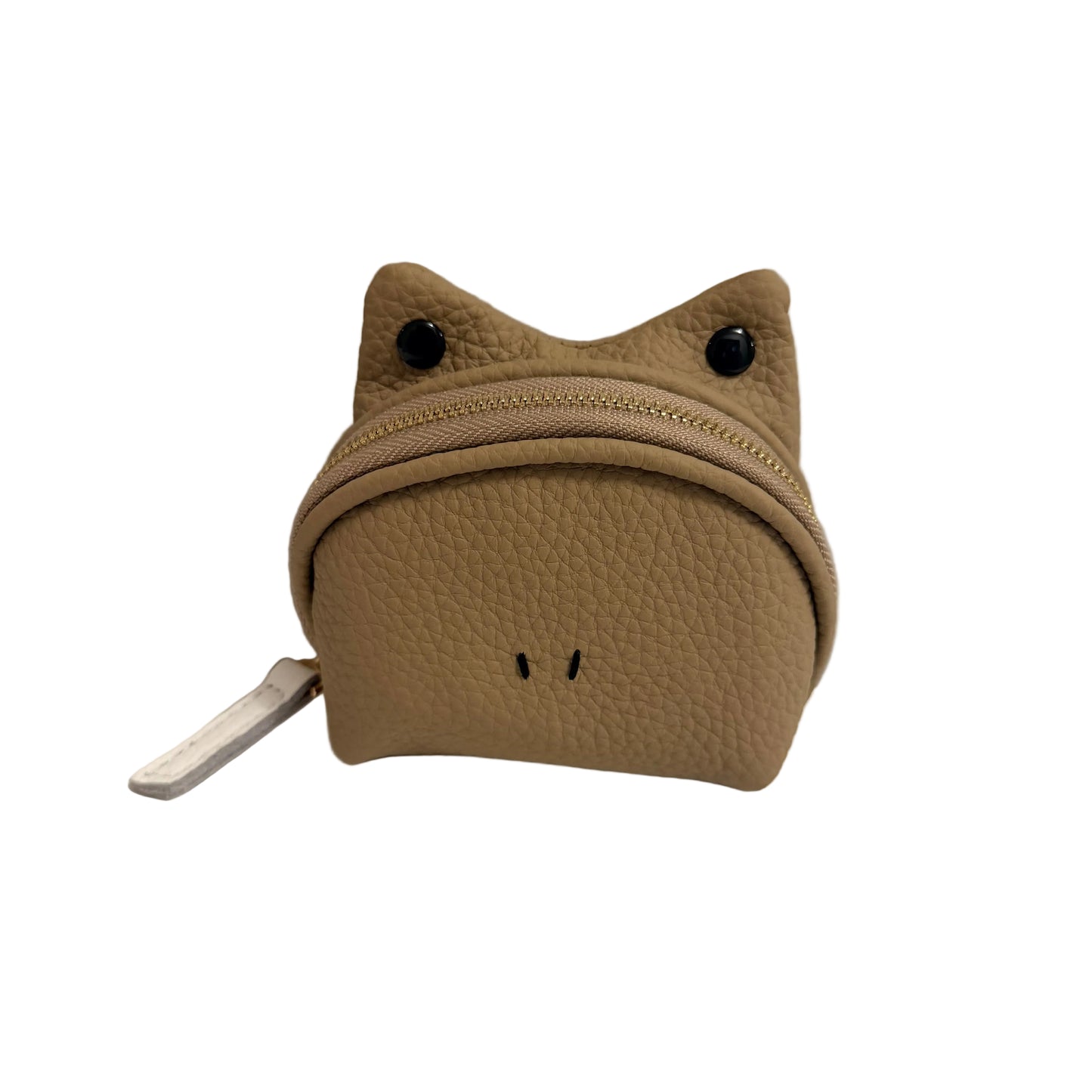 Beige pouch shaped like a cat with a zipper on a white surface.