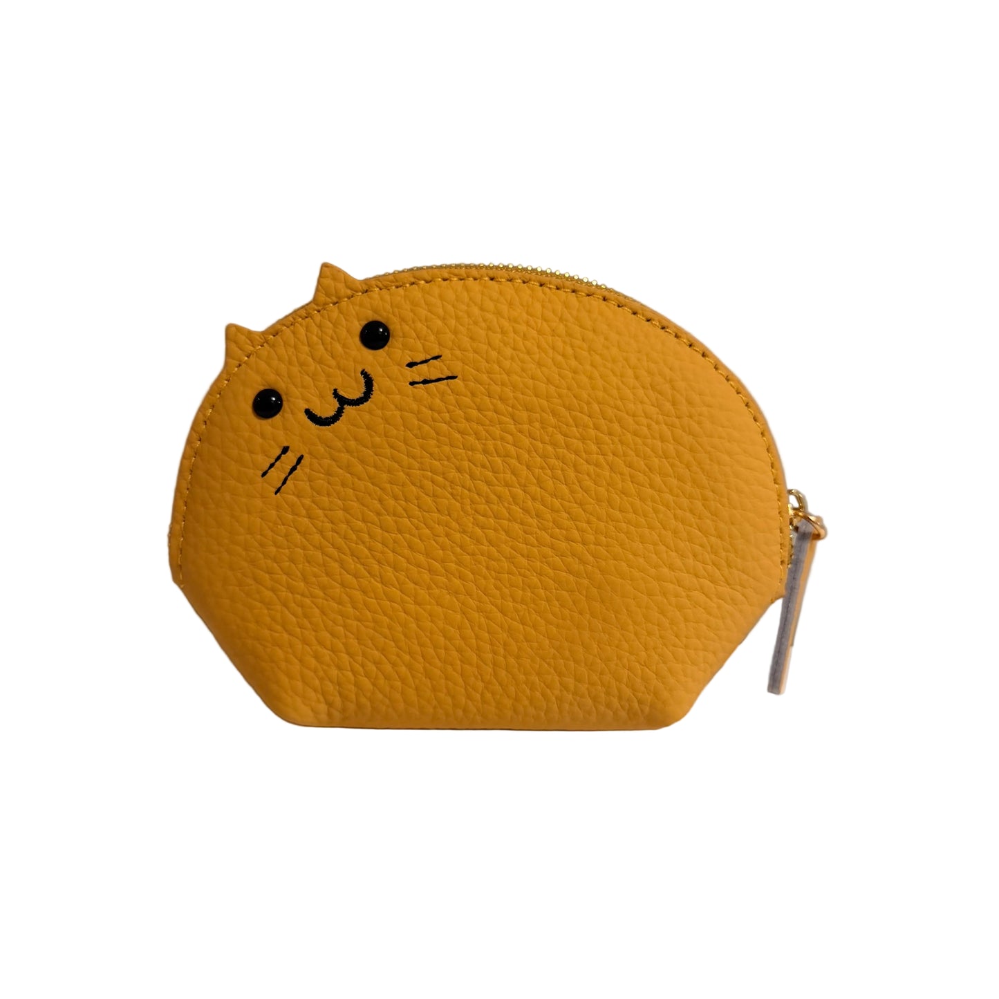 Yellow cat-shaped coin purse on a white surface with a gray background