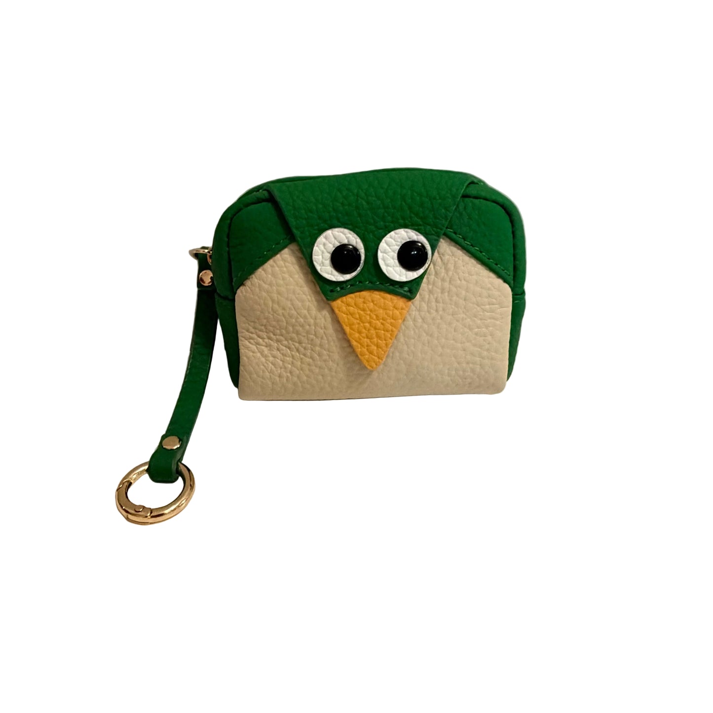 Small pouch designed like a bird with green head, beige body, and yellow beak on a white surface.