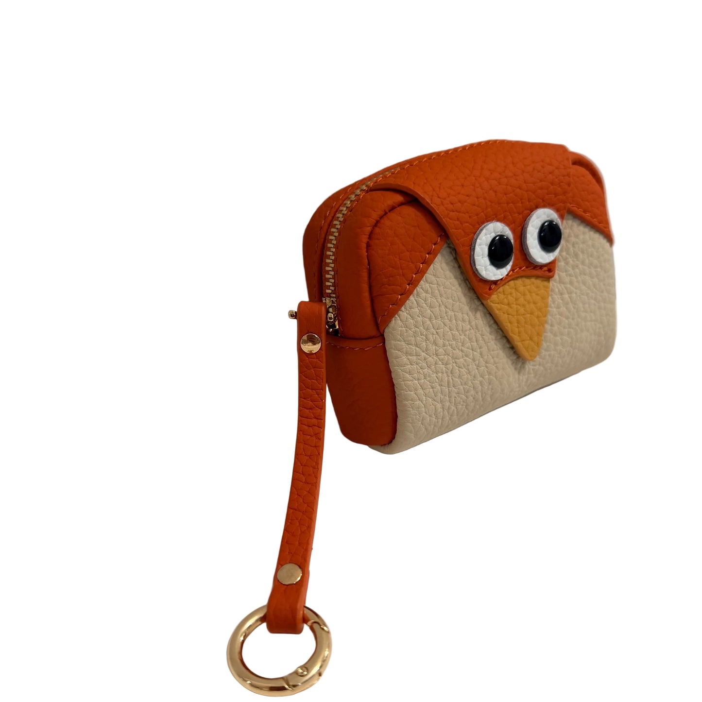 Small owl-shaped purse with a brown and beige design on a white surface.