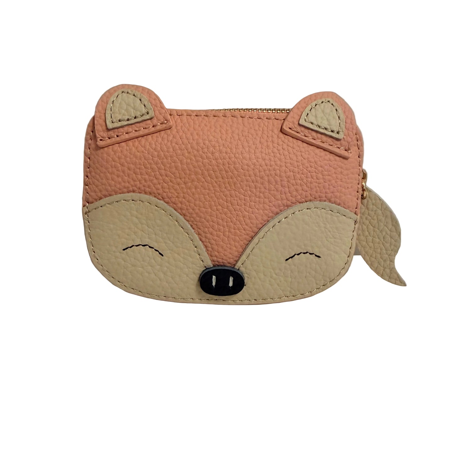Pink fox-shaped coin purse on a white surface with a gray background