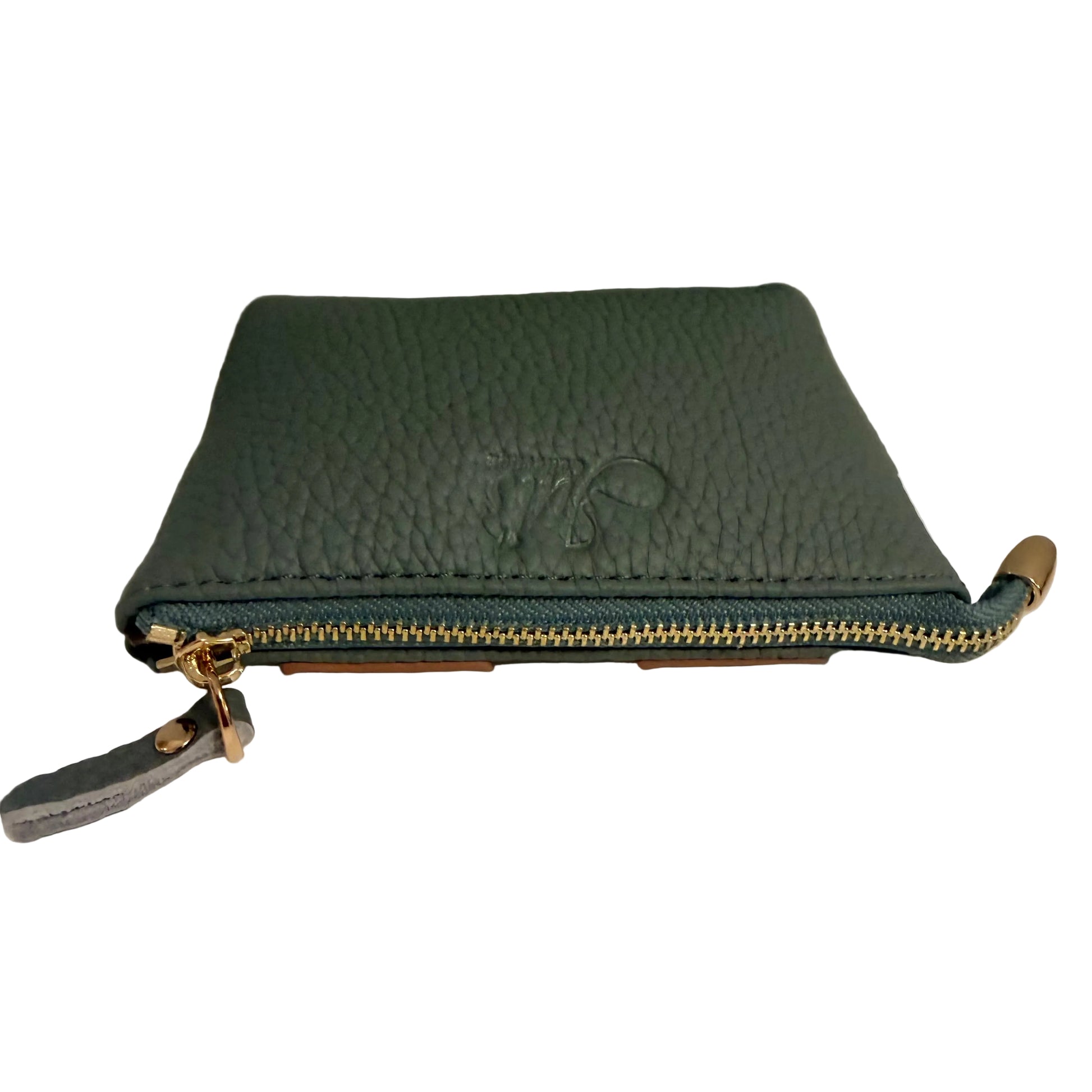 Green wallet with a gold zipper on a white surface