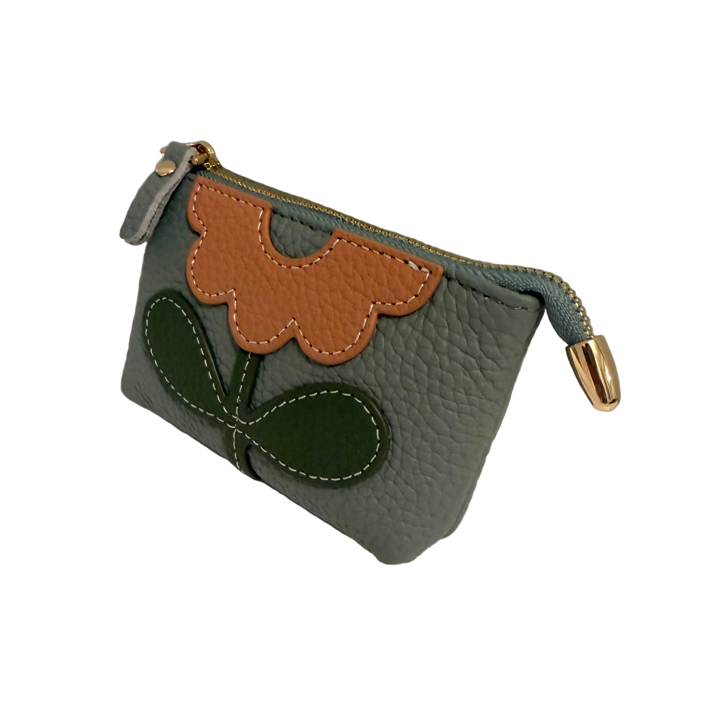 Small gray pouch with brown and green floral patches on a neutral background