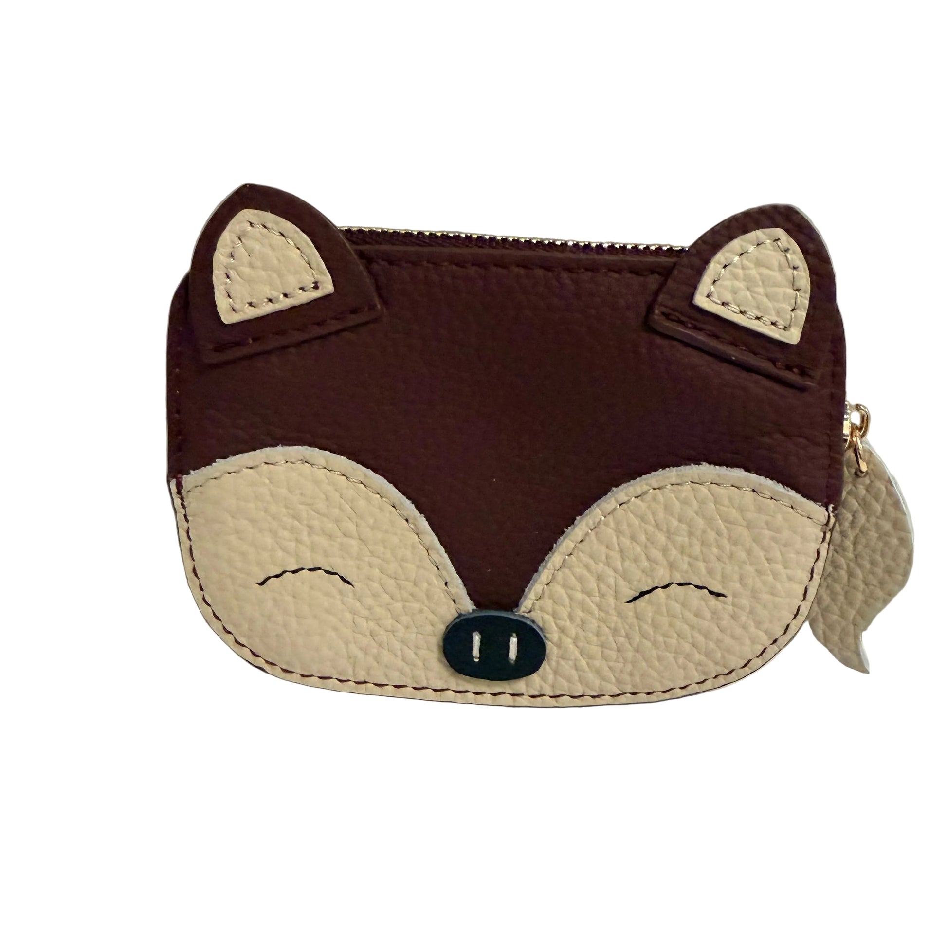 Fox-shaped coin purse with a gold zipper on a light gray background