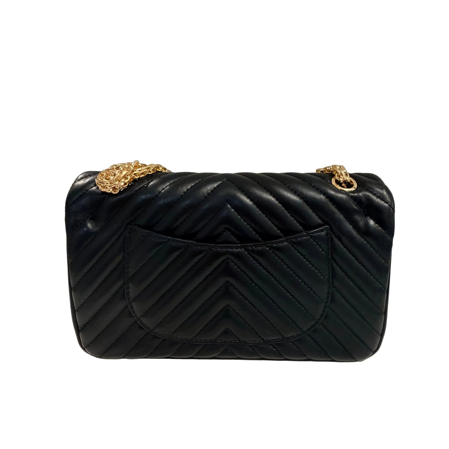 Black quilted handbag with gold accents on a white surface
