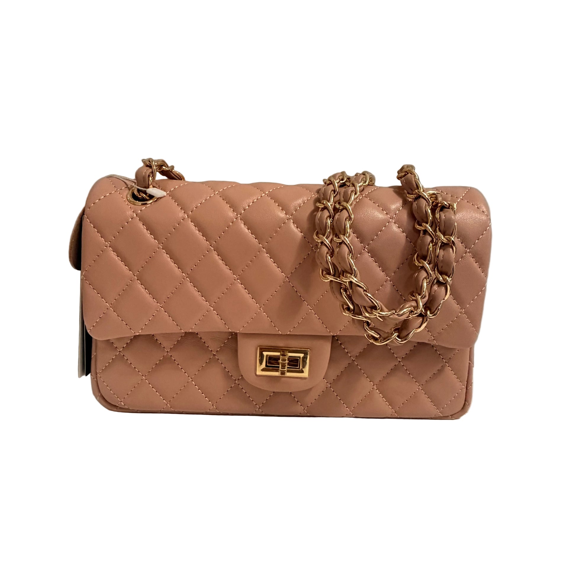 Quilted pink handbag with a gold chain strap on a neutral background