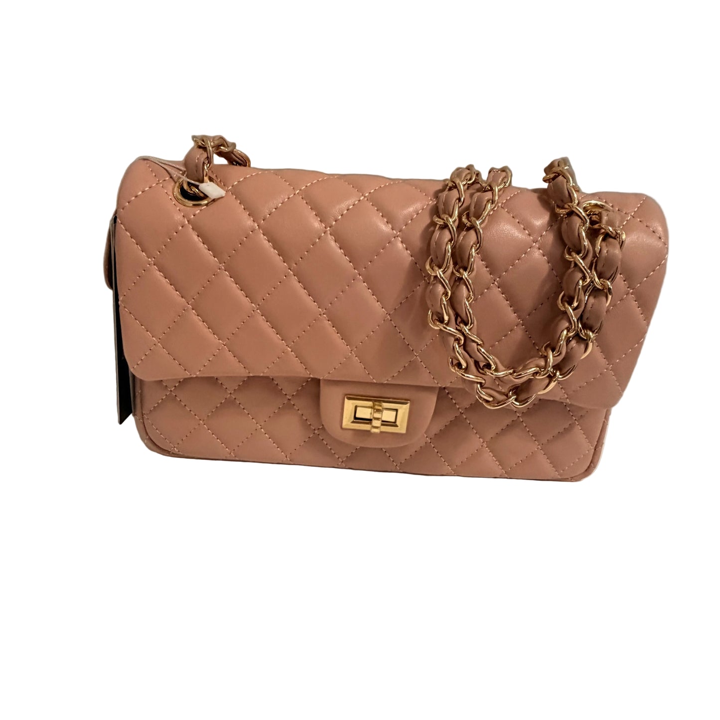 Pink quilted handbag with a gold chain strap on a light gray background