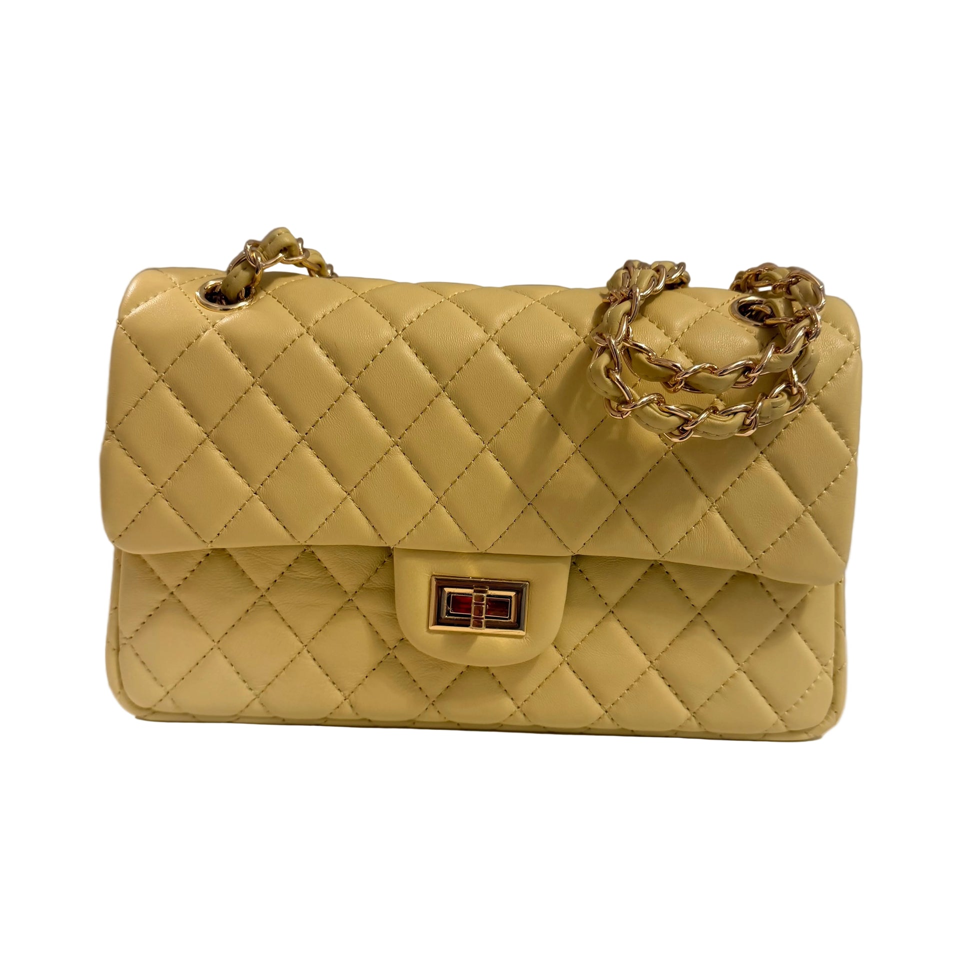Beige quilted handbag with gold chain strap on a neutral background