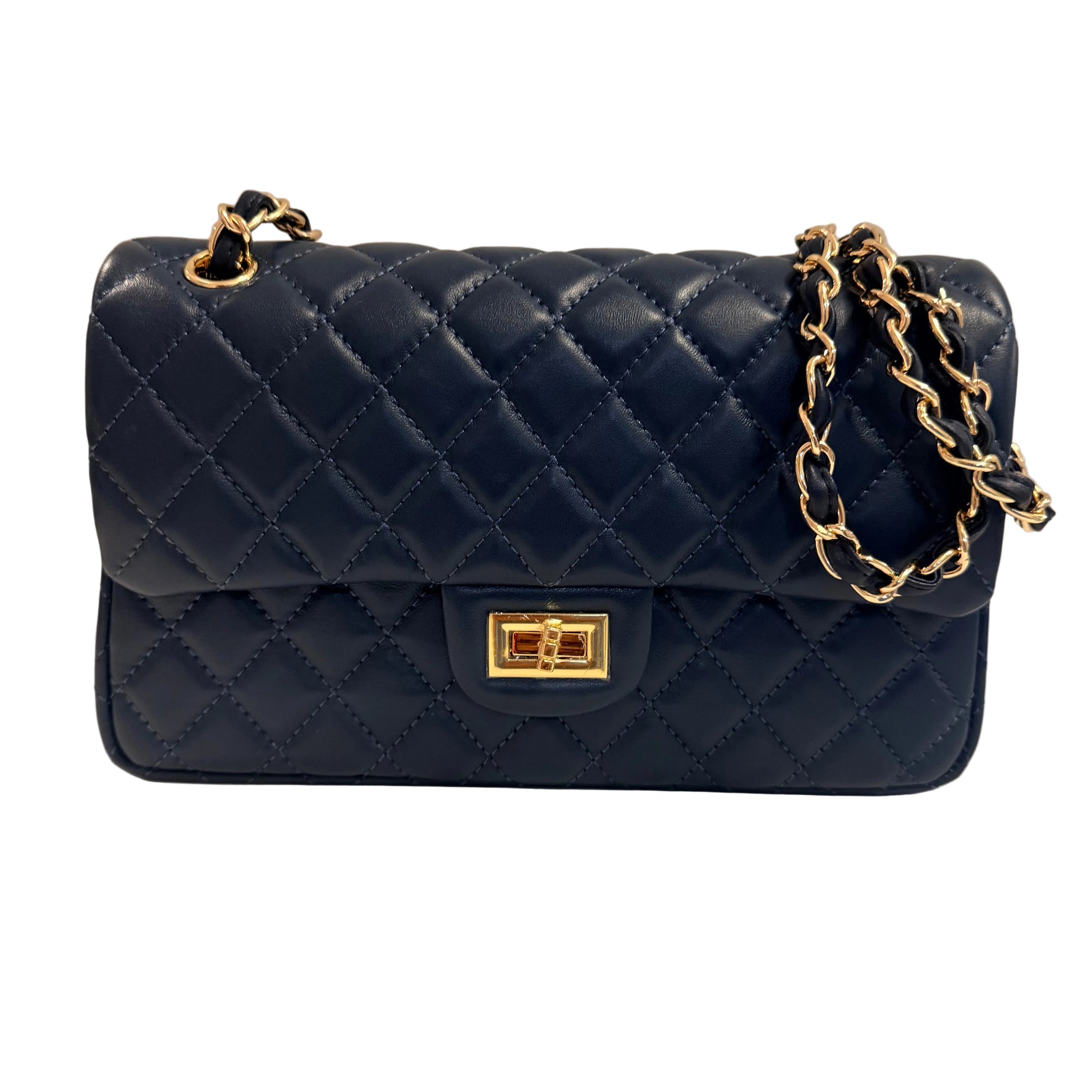 Navy quilted handbag with gold chain strap on a neutral background