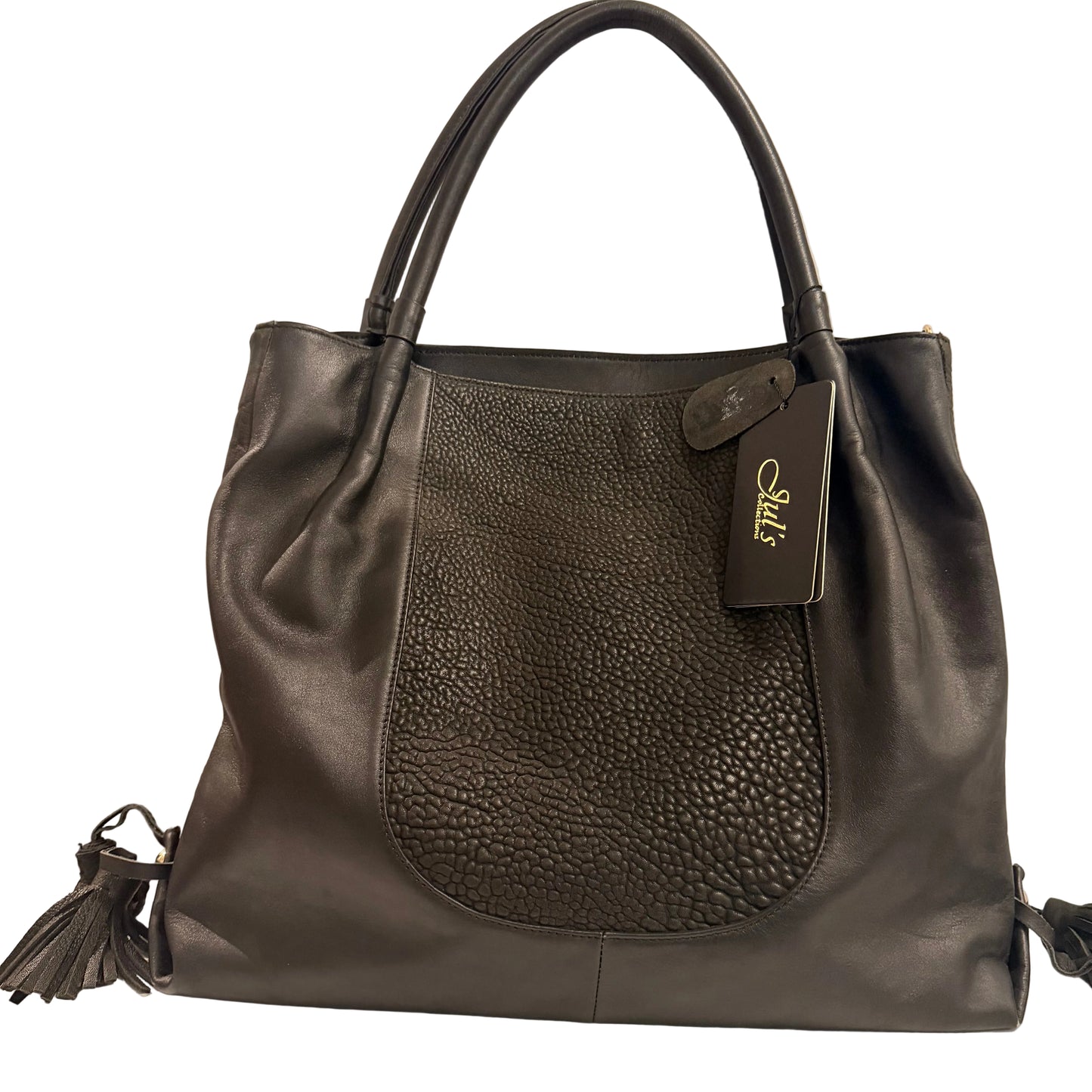 Black textured handbag with a visible brand tag on a light background