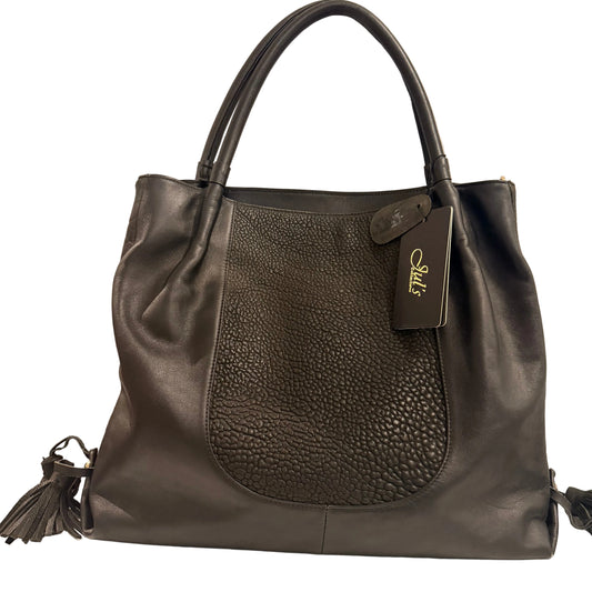 Black textured handbag with a visible brand tag on a light background