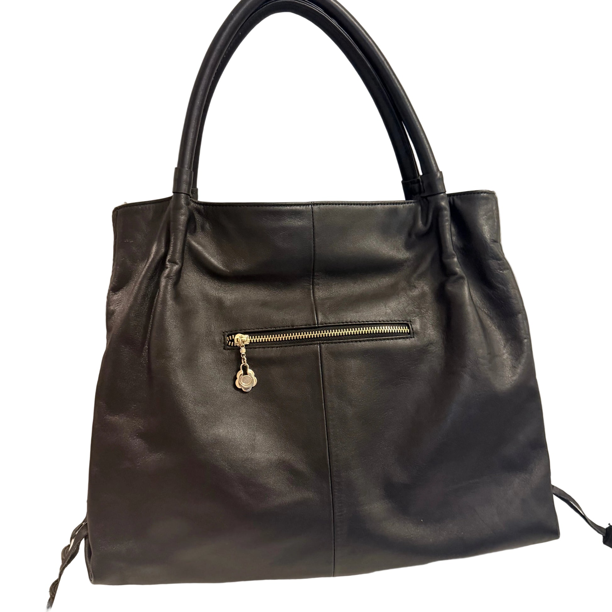 Black leather handbag with a gold zipper on a light background