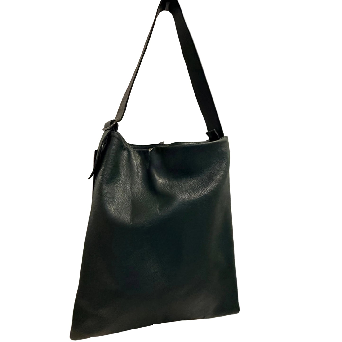 Black leather handbag on a light gray background