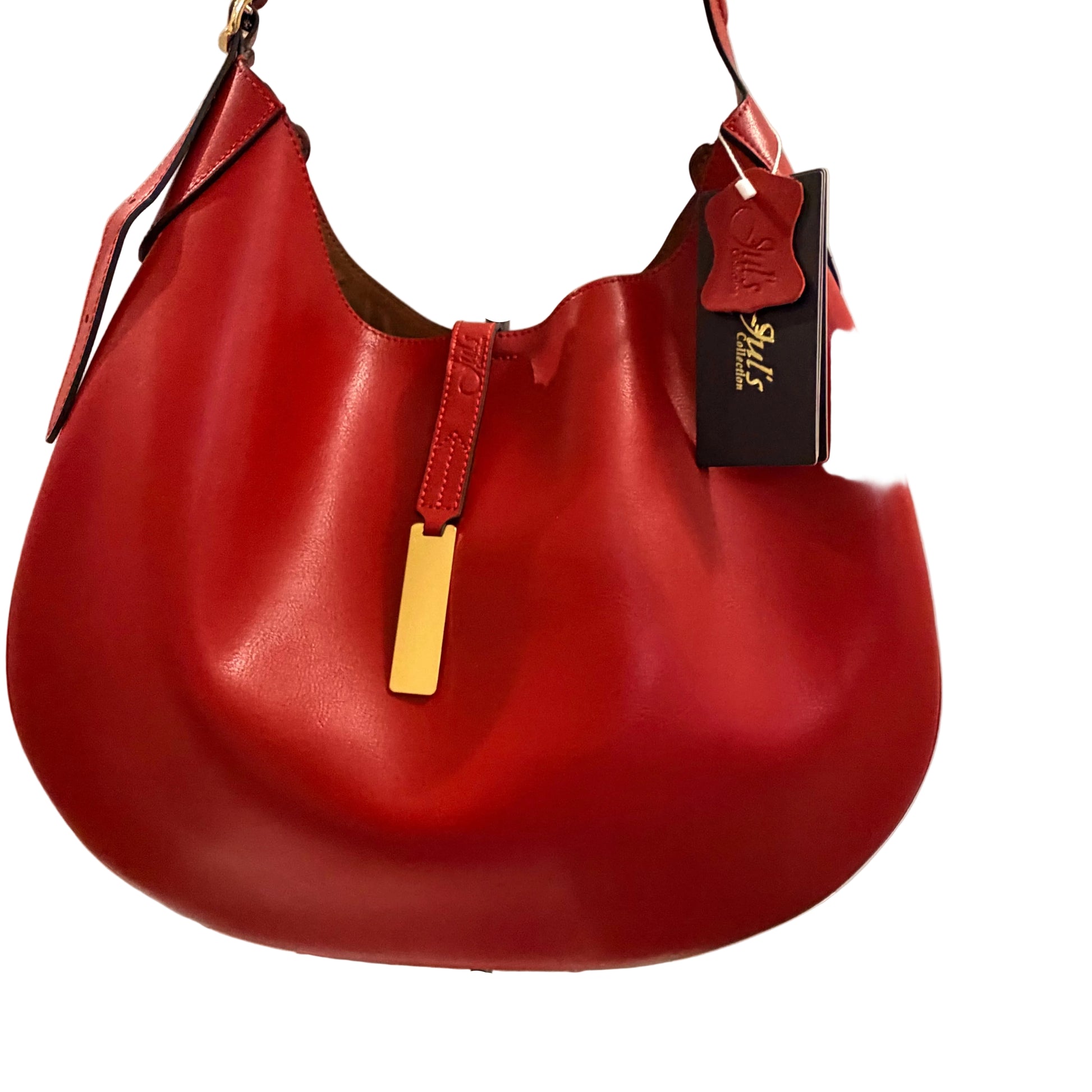 Red handbag with a visible brand tag on a neutral background