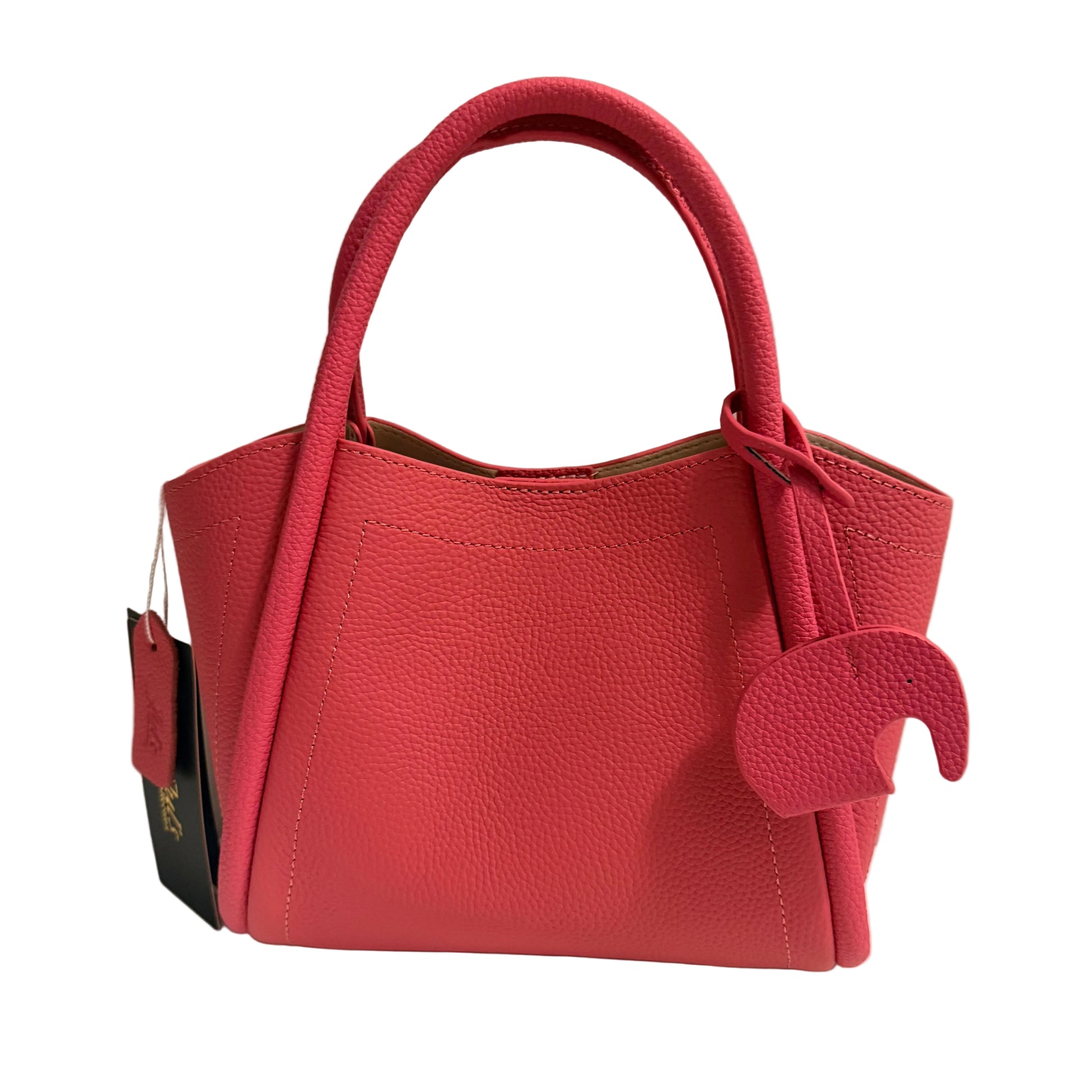 Red handbag with a unique design on a neutral background