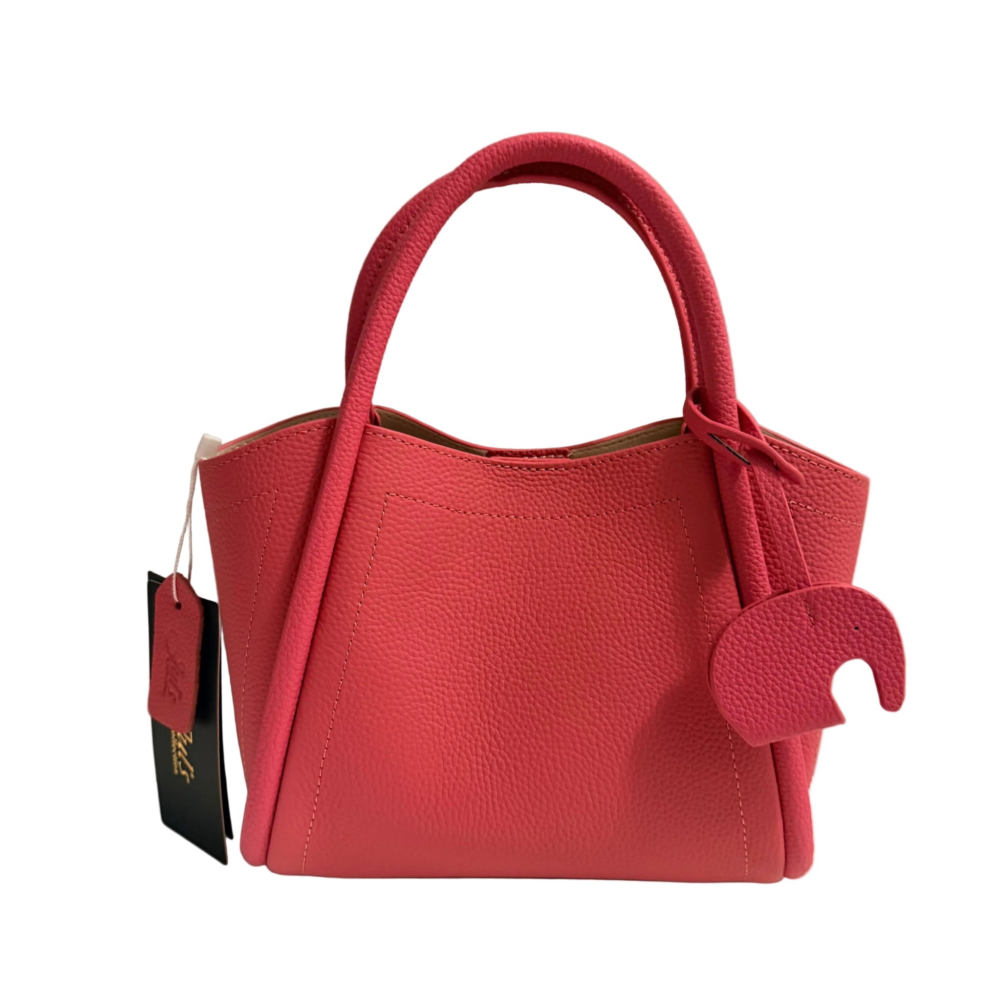 Red handbag with a tag on a neutral background