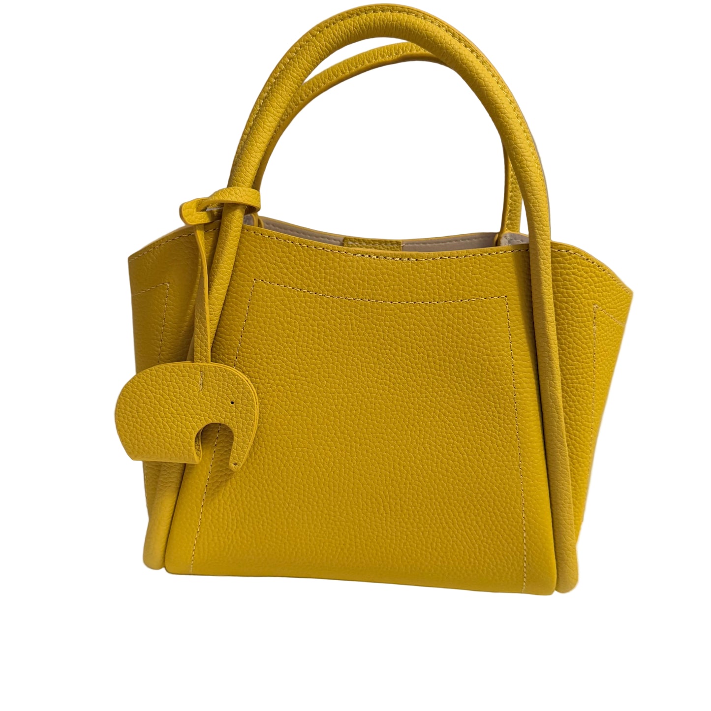 Yellow handbag with a unique design on a gray background