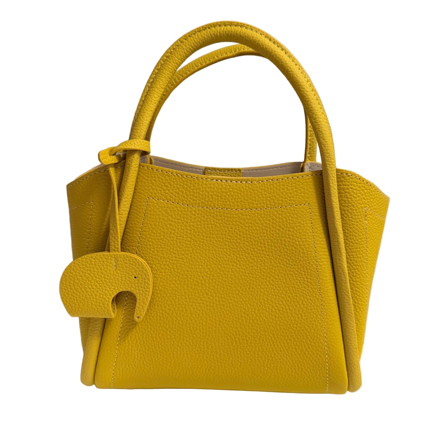 Yellow handbag with a small yellow elephant attached on a gray background