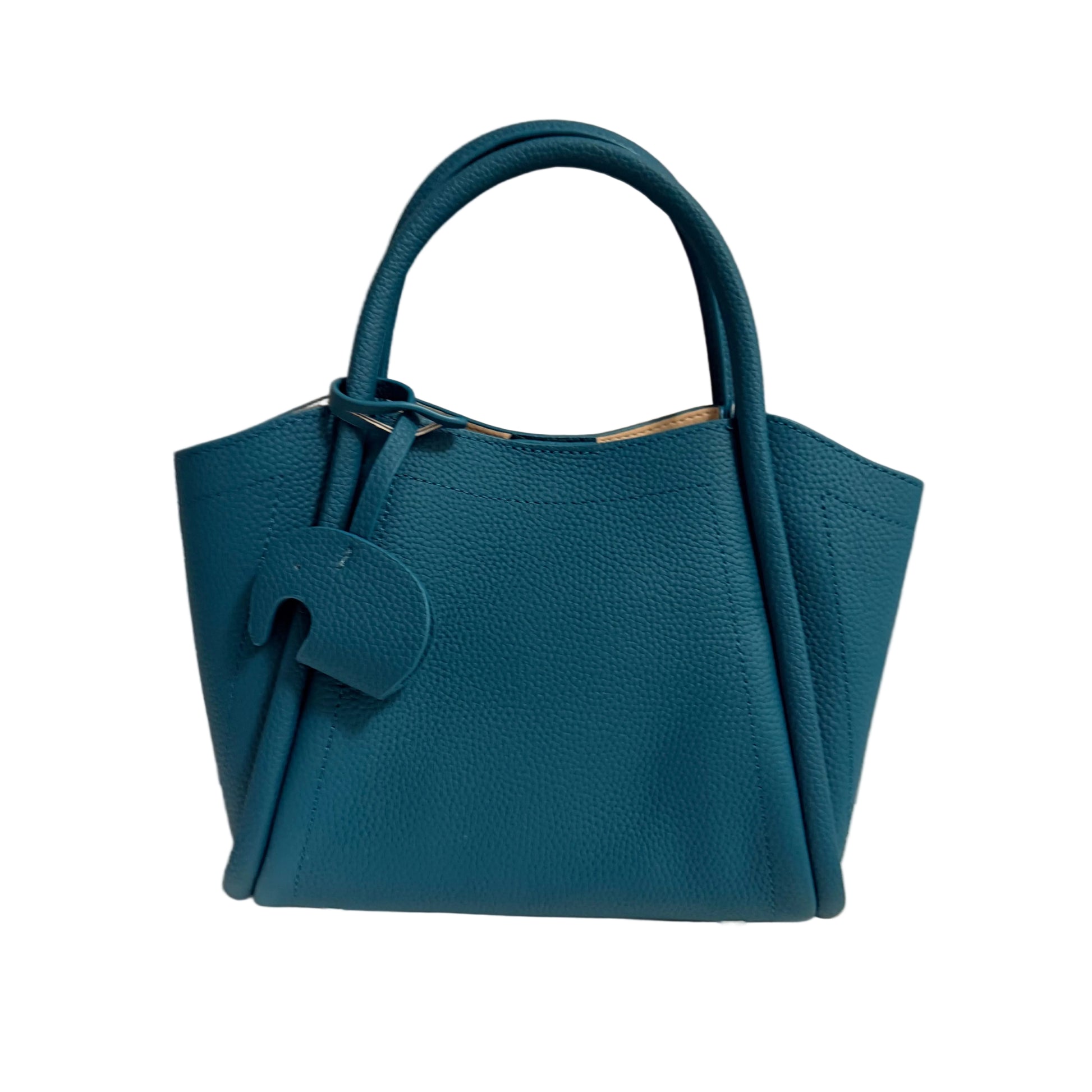 Blue handbag with a bow on a beige background