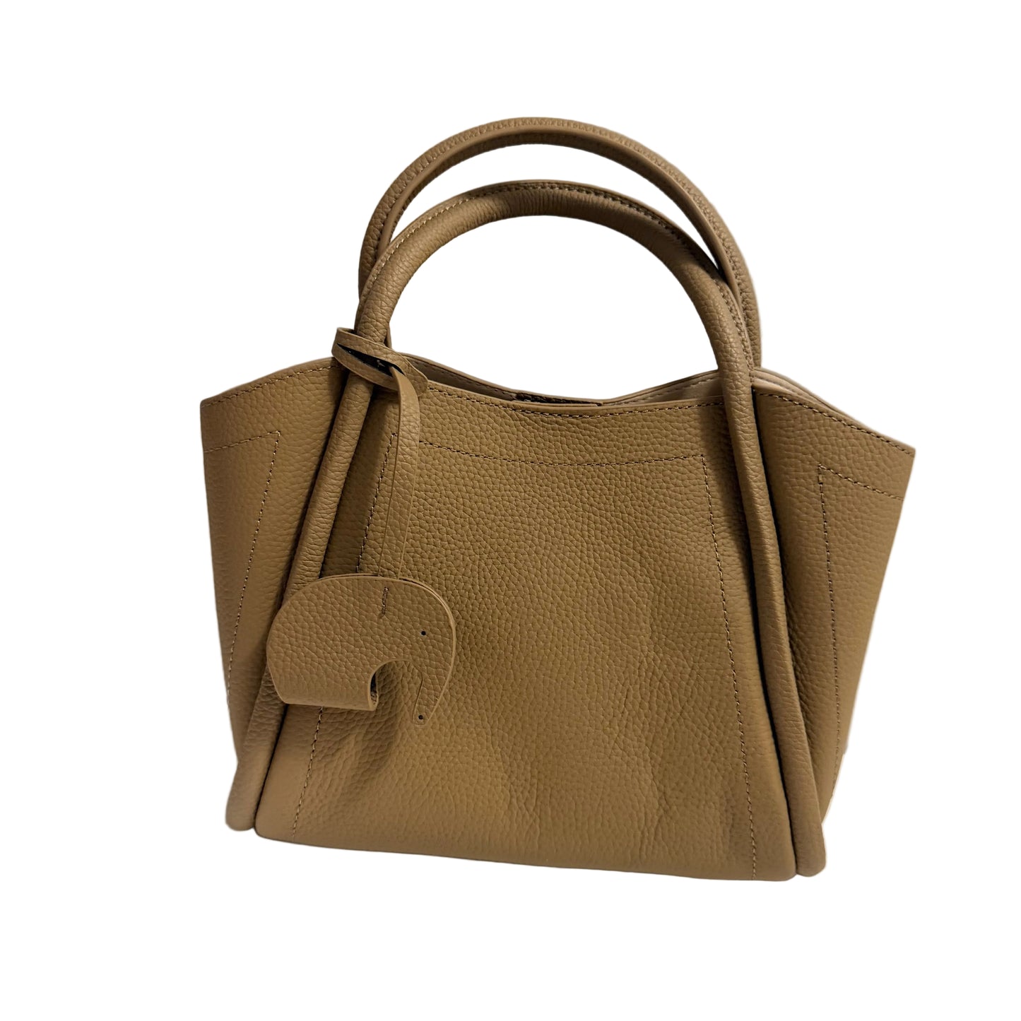 Beige handbag with a small elephant charm on a light gray background