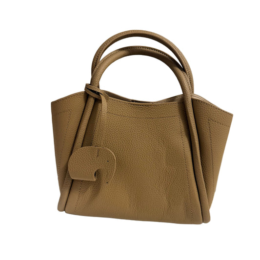 Beige handbag with a small elephant charm on a light gray background