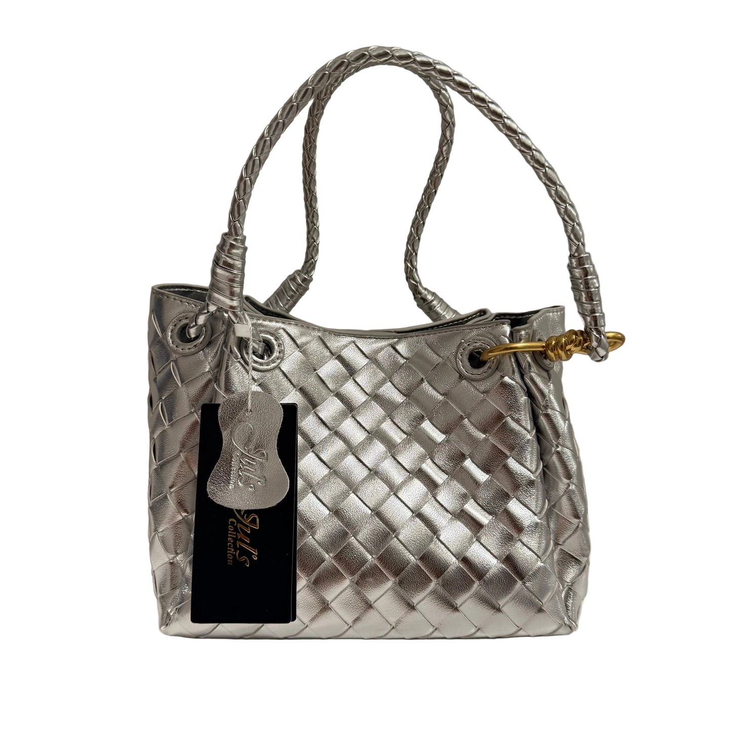Silver woven handbag with a tag on a neutral background