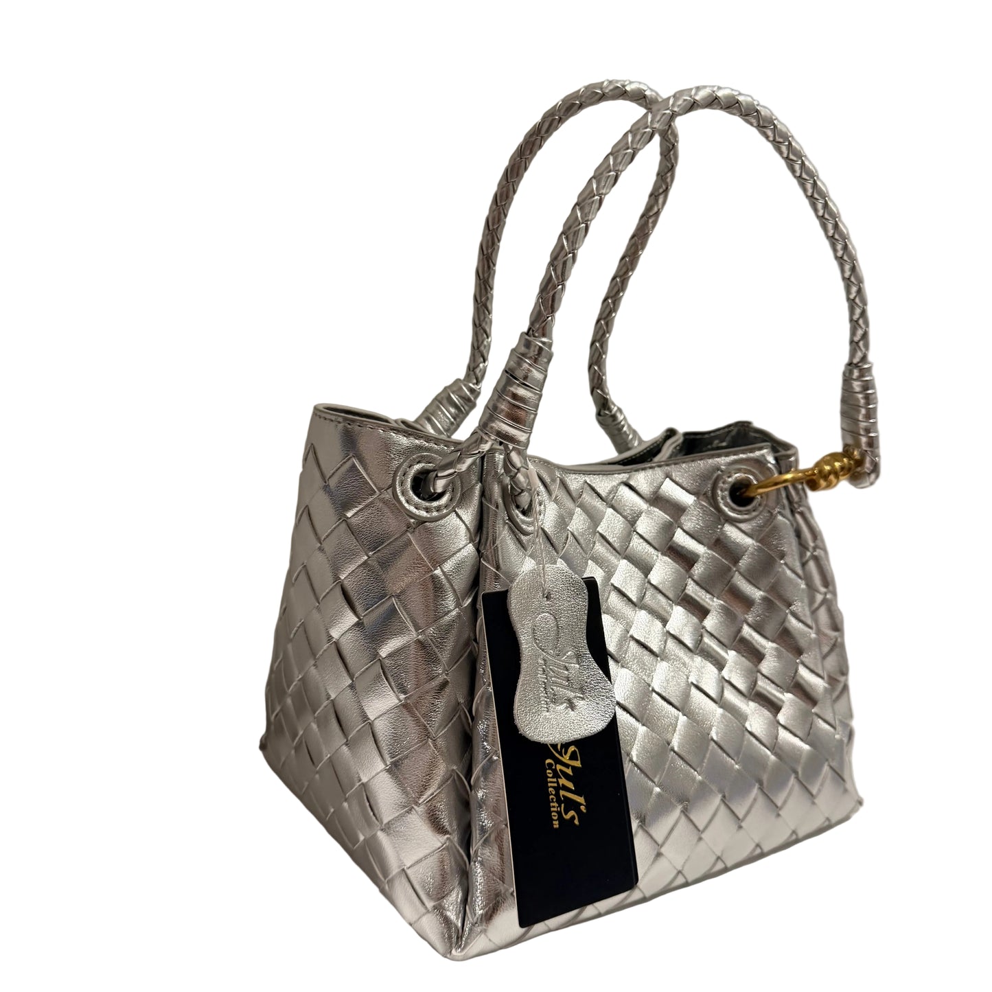 Silver woven handbag with a tag on a neutral background