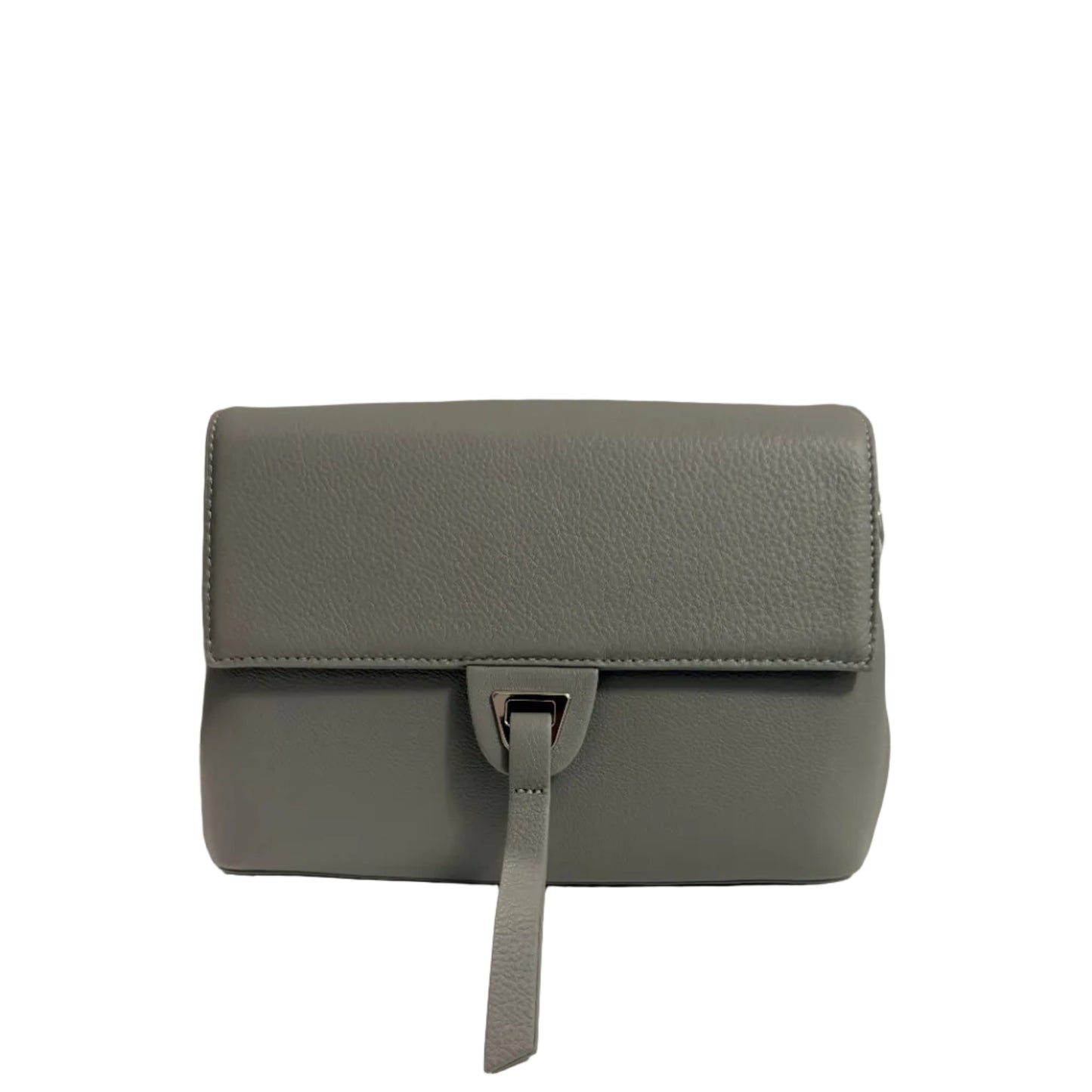 Gray handbag on a white surface with a light gray background