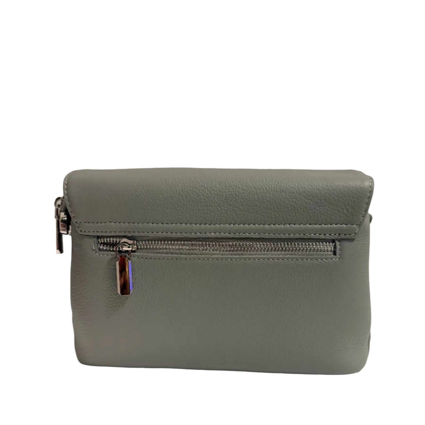 Gray leather handbag with a zipper on a light beige background
