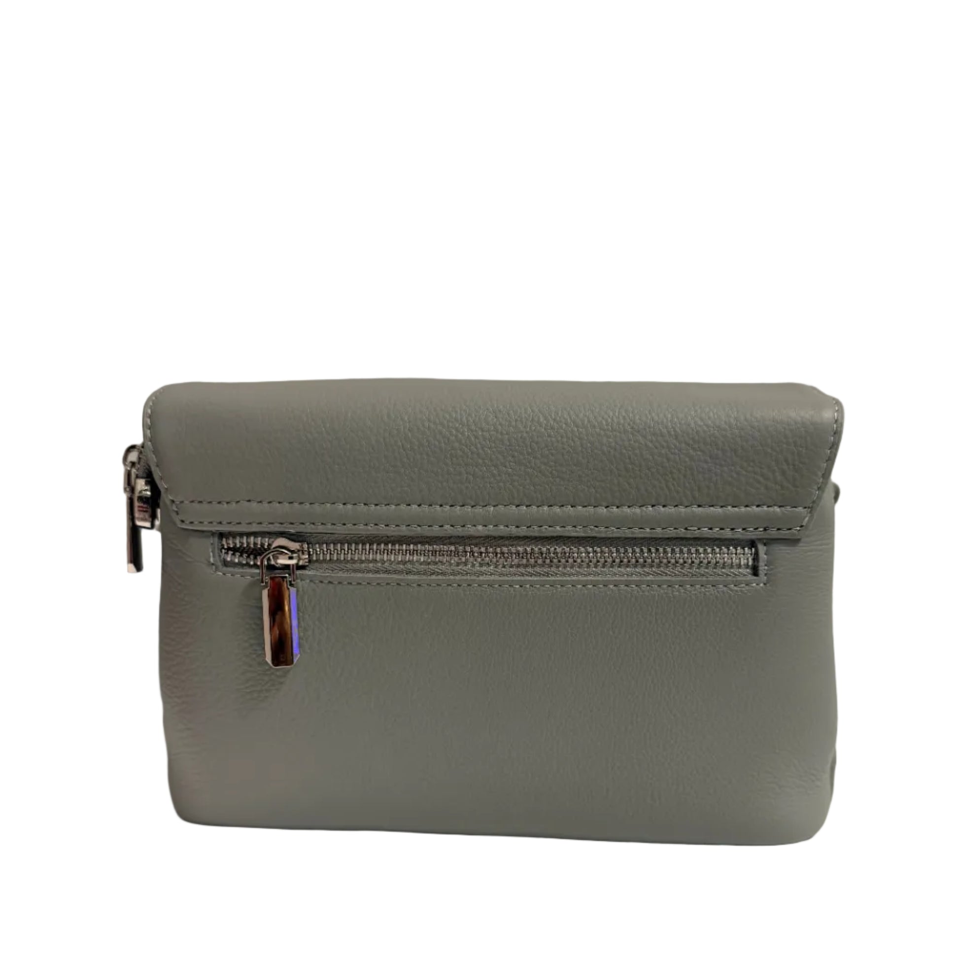 Gray leather handbag with a zipper on a light beige background