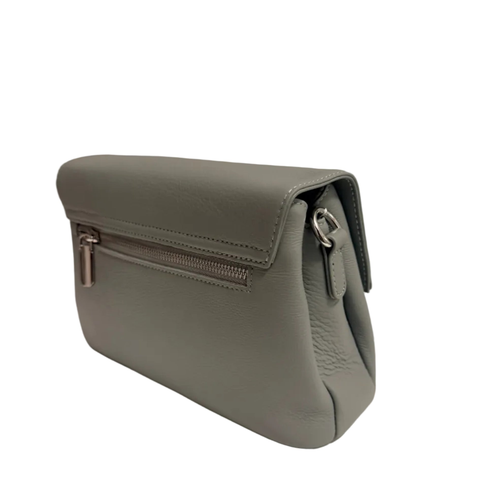 Gray handbag on a white surface with a neutral background