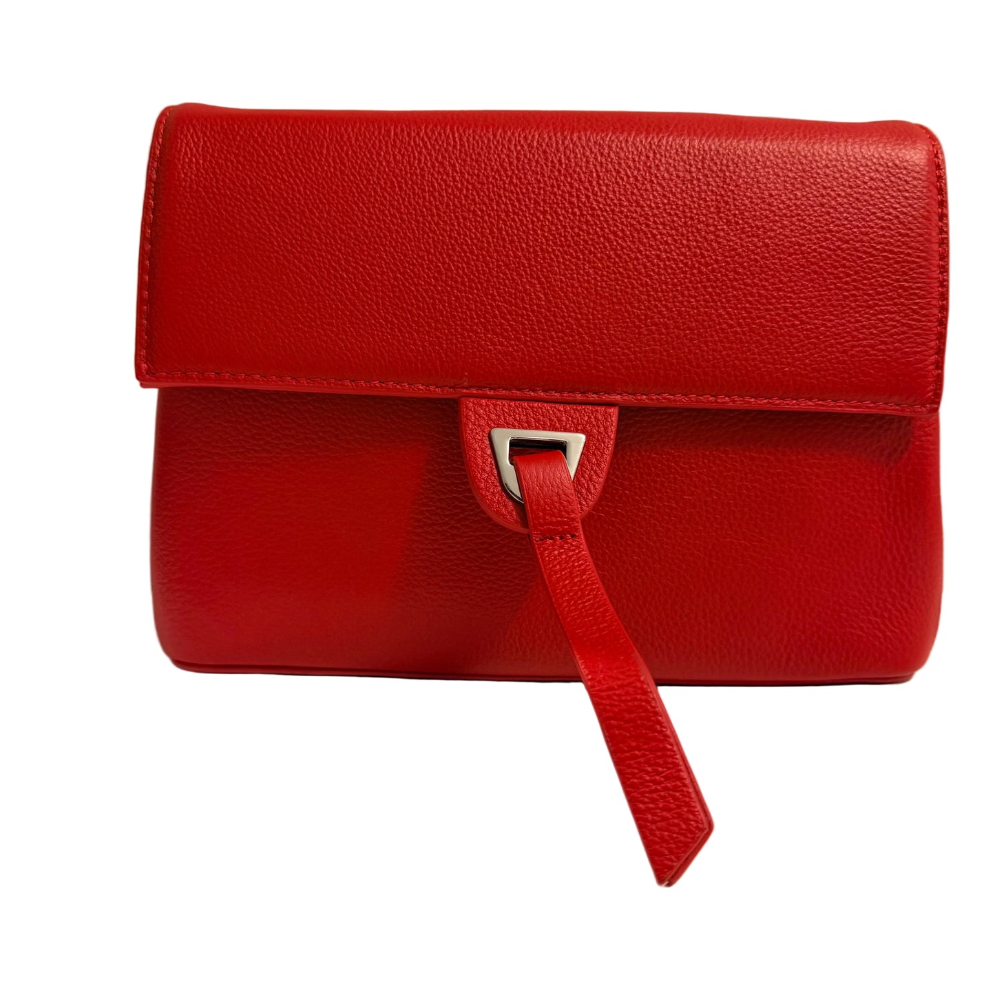 Red leather handbag with a strap on a light background
