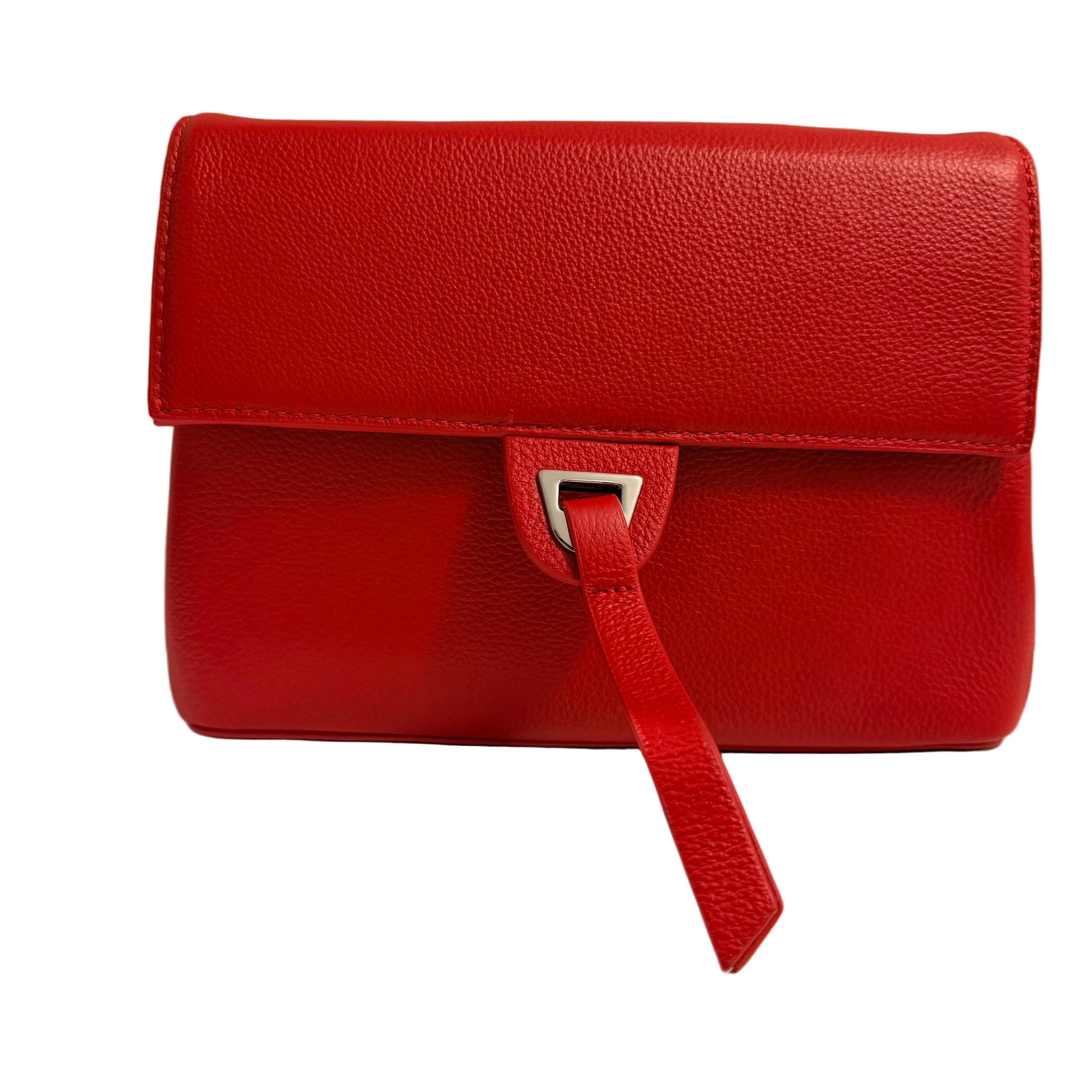 Red leather handbag with a strap on a light background