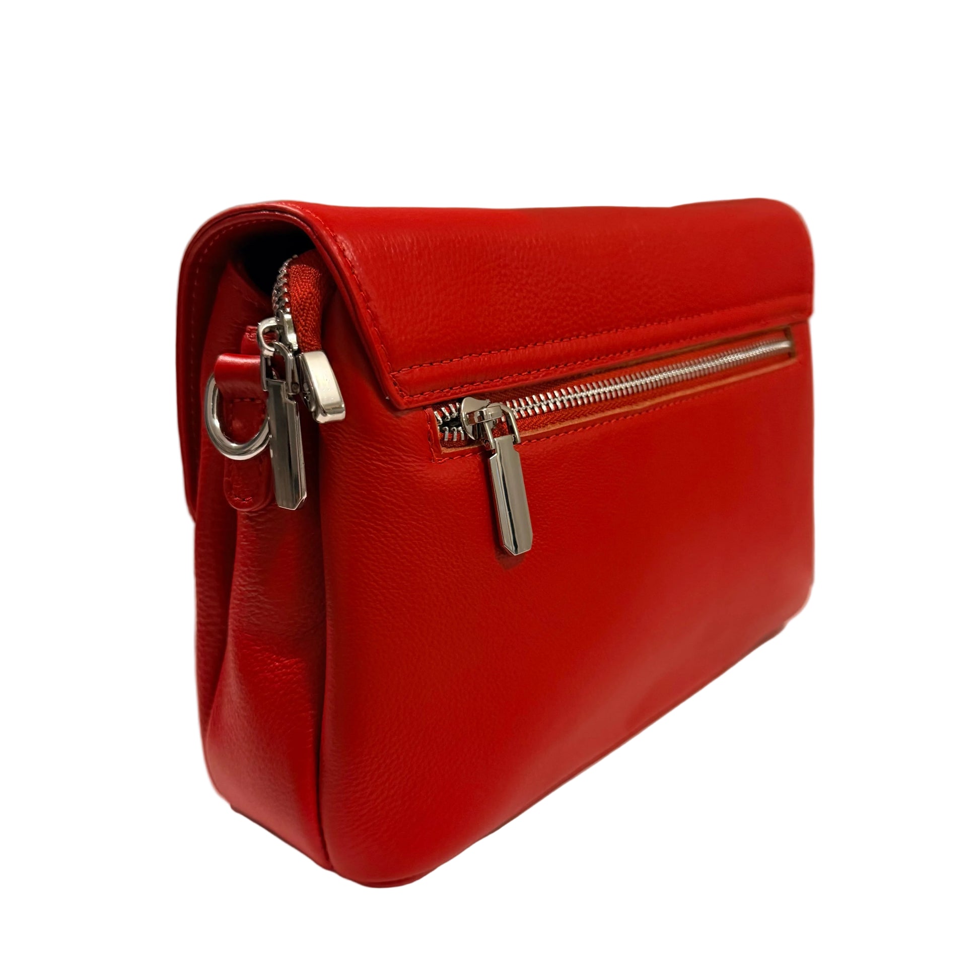 Red leather handbag with silver zippers on a neutral background