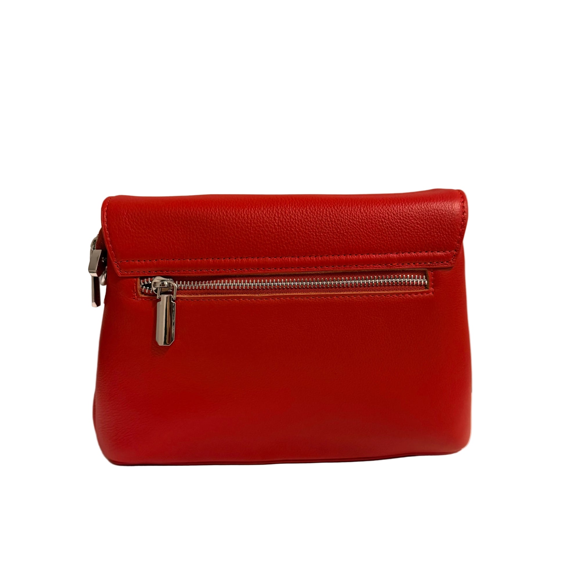 Red leather handbag with a gold zipper on a neutral background