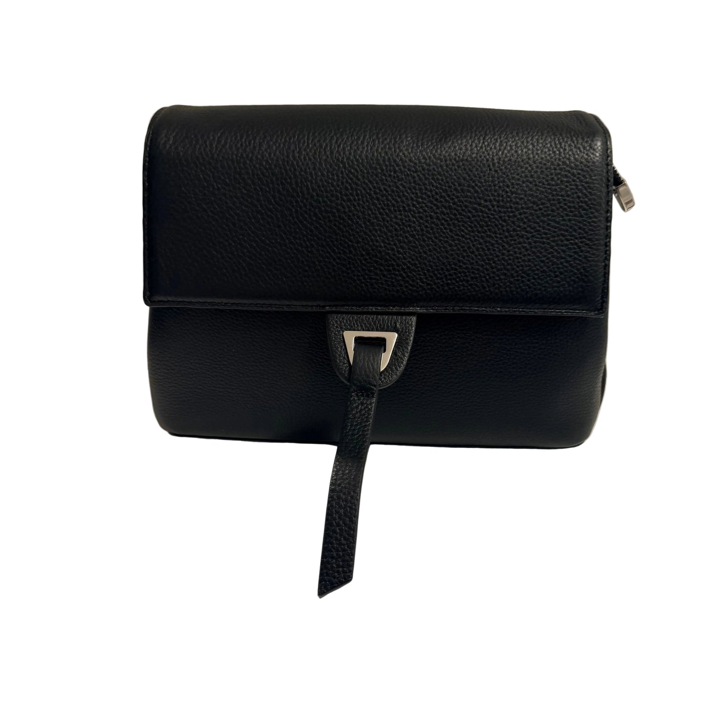 Black leather handbag with a strap on a light gray background