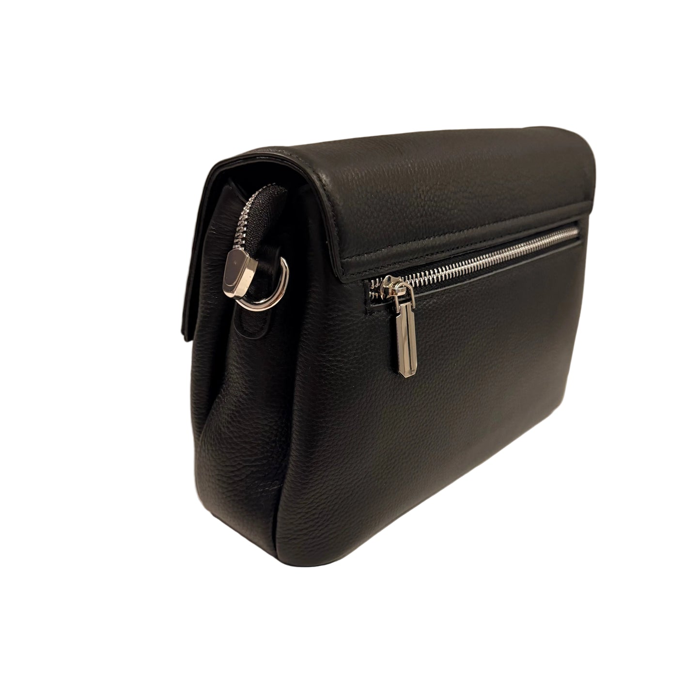 Black leather clutch bag with silver zippers on a light beige background