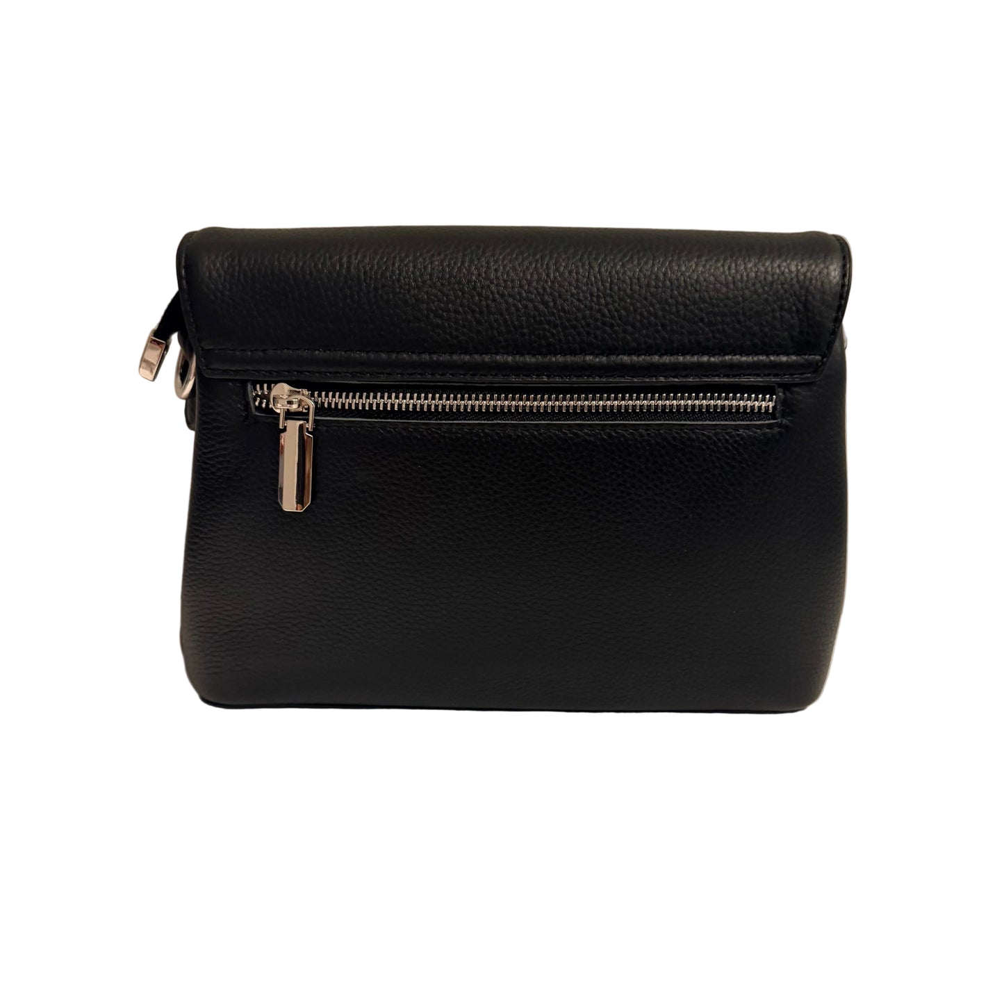 Black leather handbag with a gold zipper on a beige background
