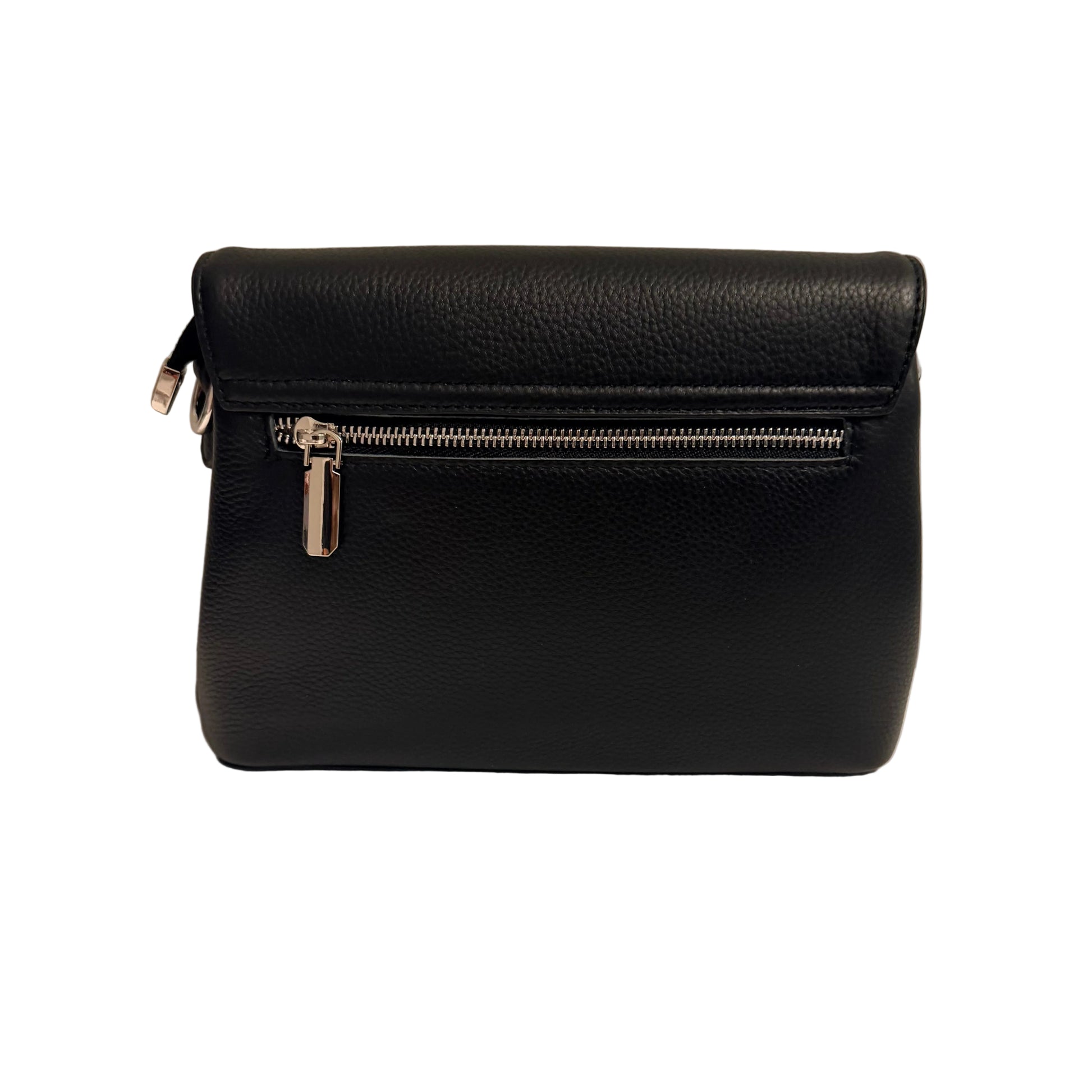Black leather handbag with a silver zipper on a light beige background