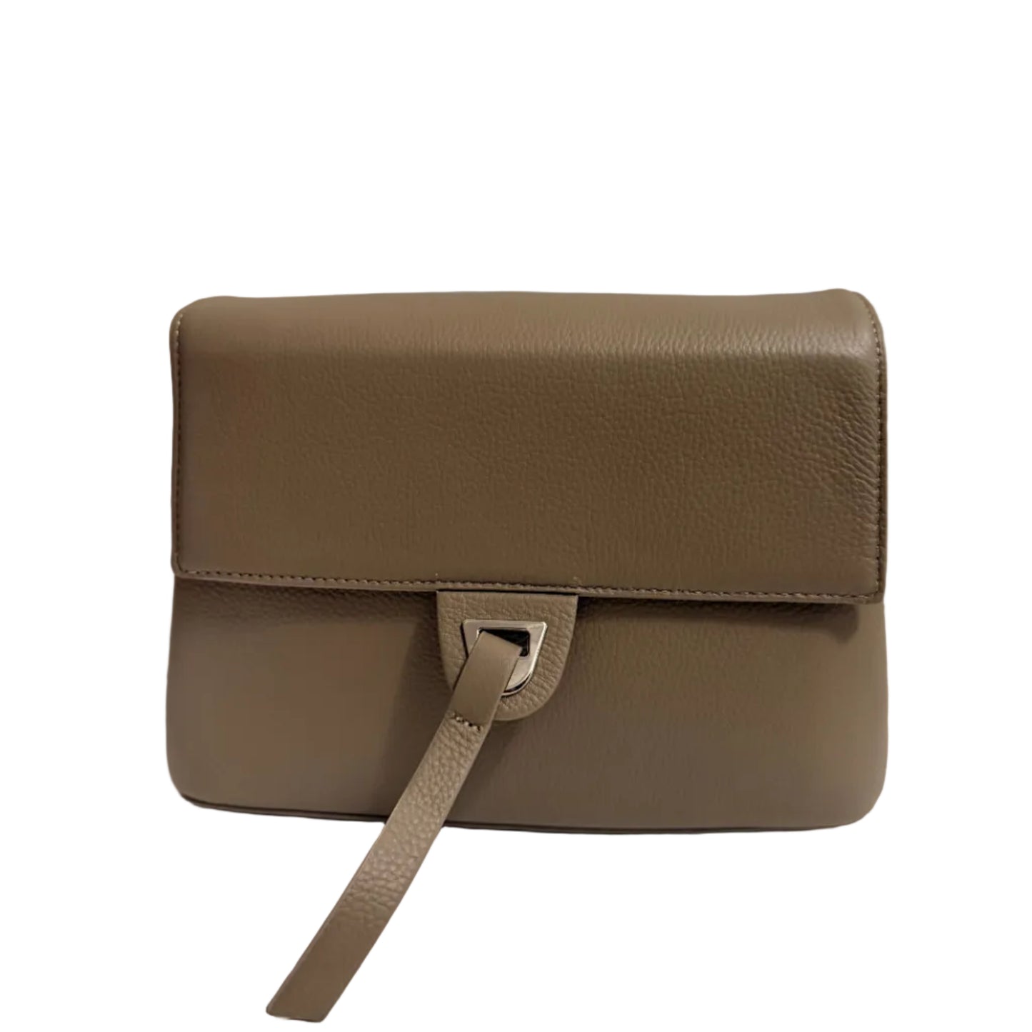 Brown leather wallet with strap on a light gray background