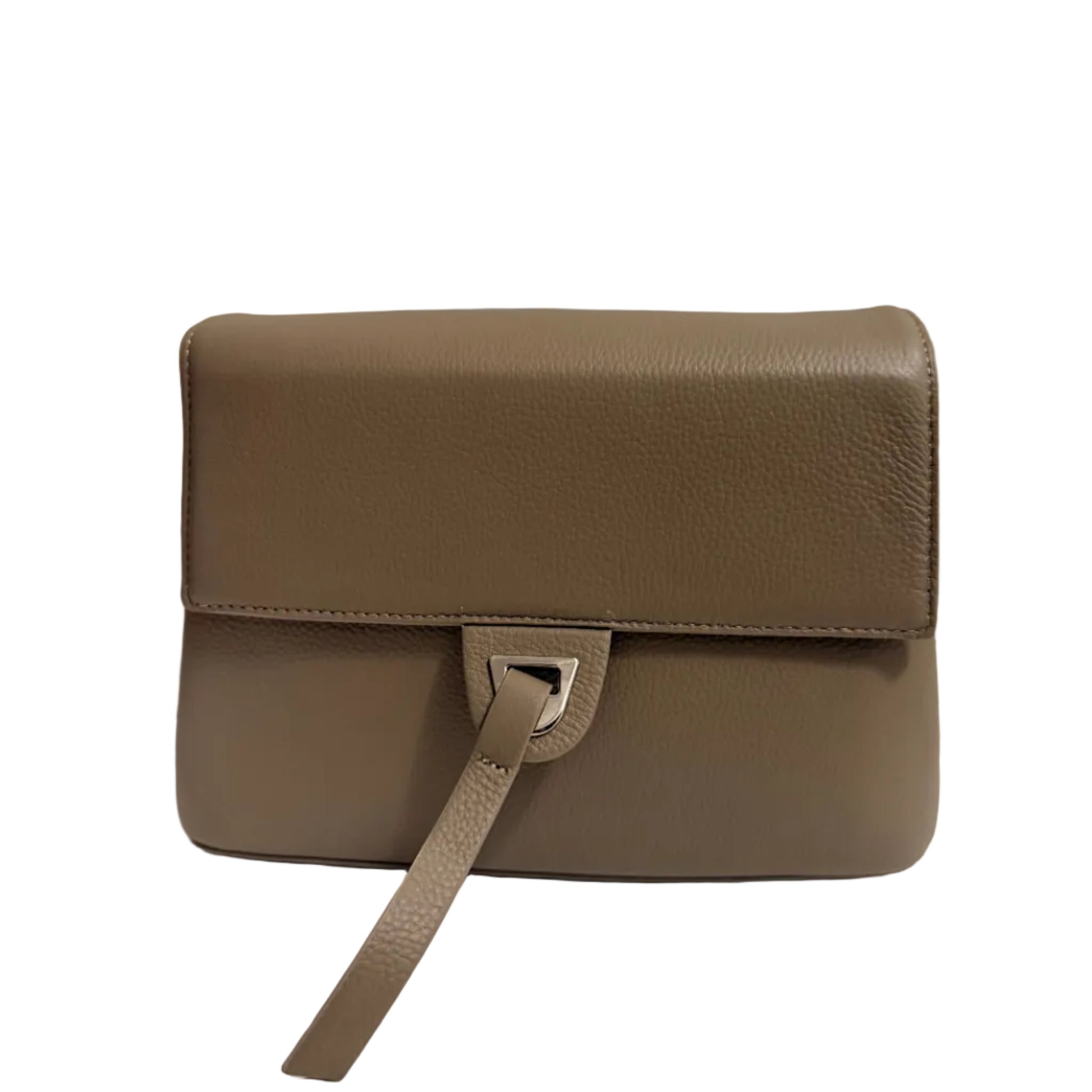 Brown leather wallet with strap on a light gray background