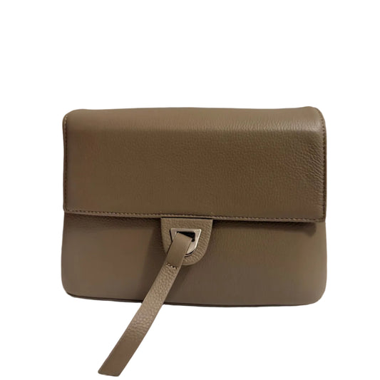 Brown leather wallet with strap on a light gray background