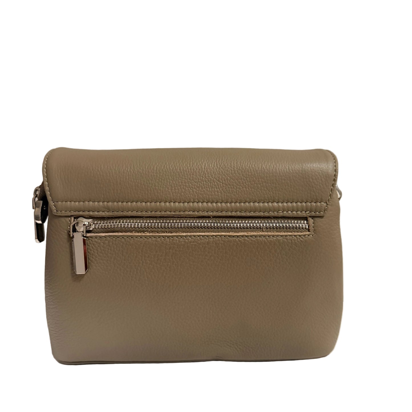 Brown leather handbag with a zipper on a light gray background