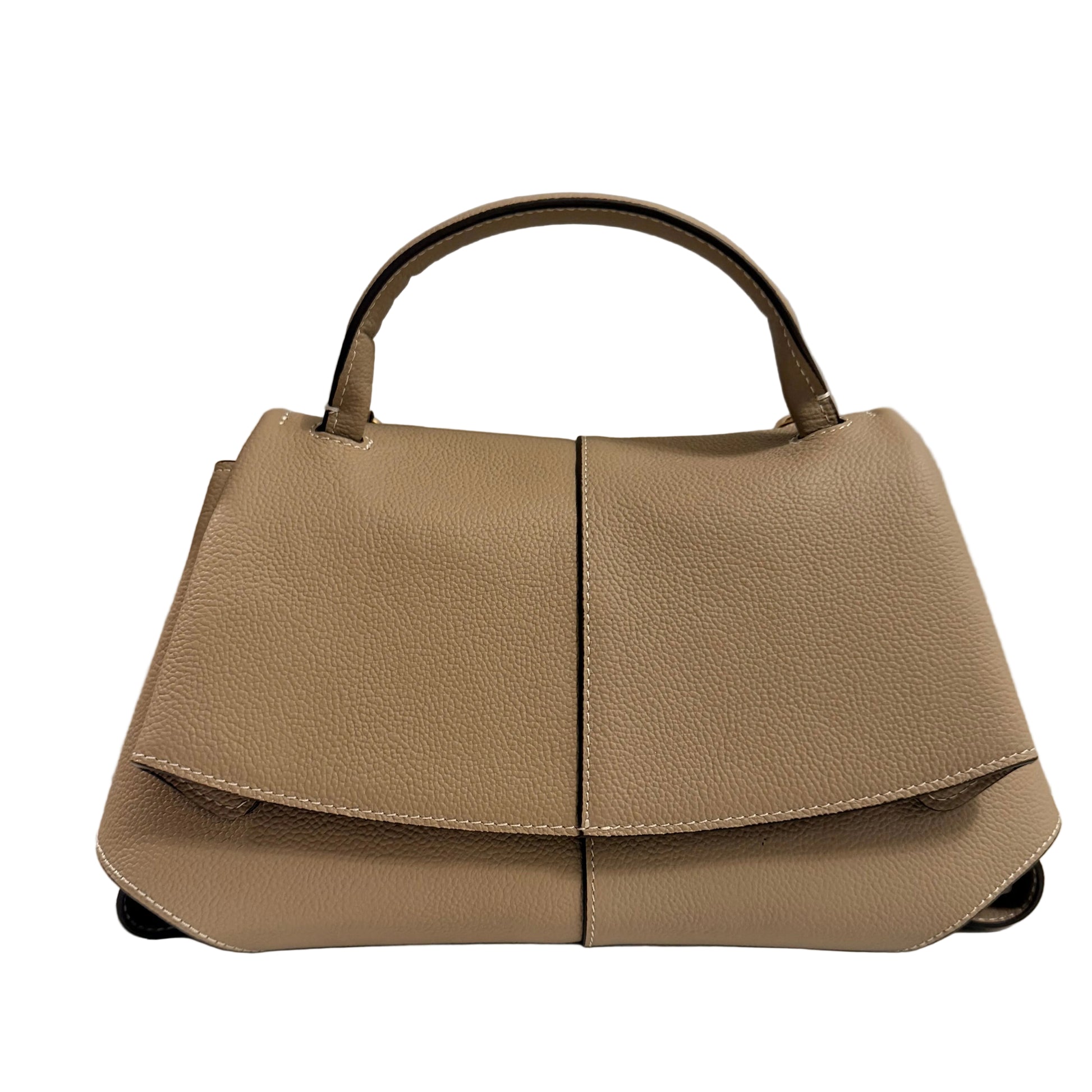 Beige handbag on a white surface with a neutral background