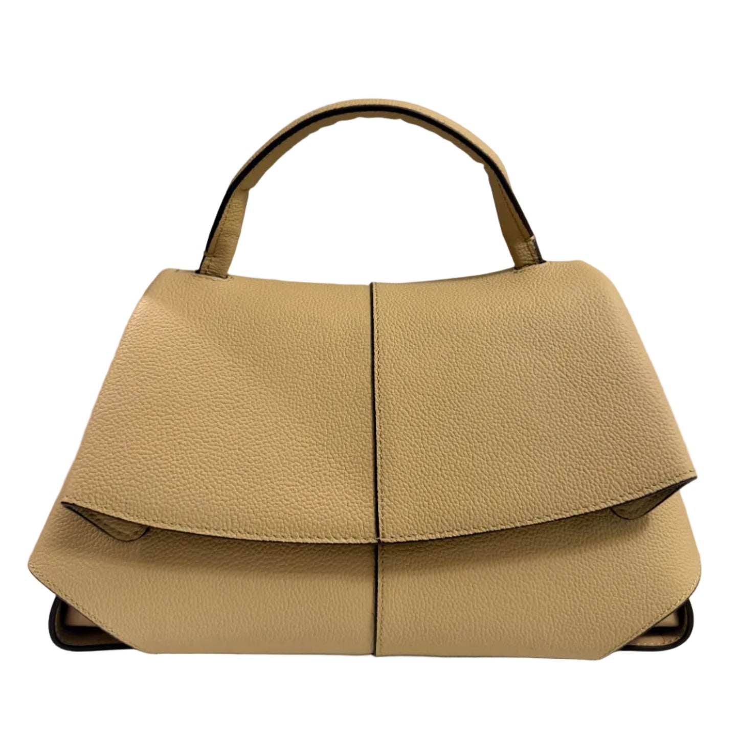Beige handbag on a white surface with a neutral background