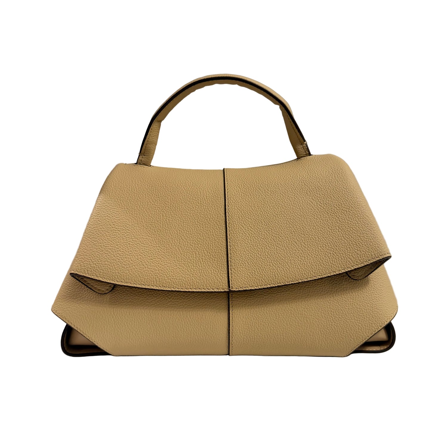 Beige handbag with a textured surface on a light gray background