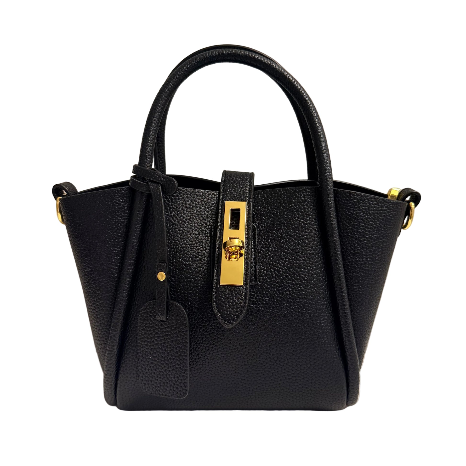 Black leather handbag with gold accents on a neutral background